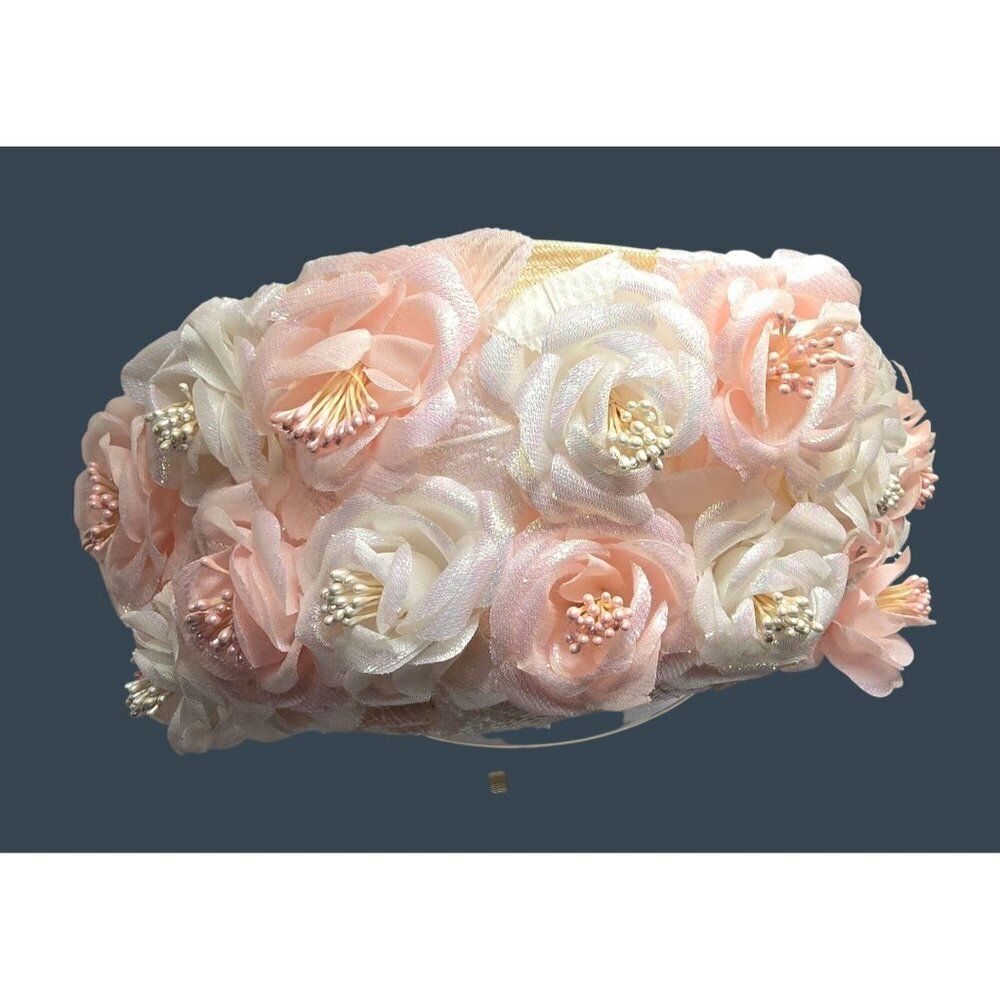 Vintage Beige Wide Brim Hat Pink & White Faux Flowers Spring/Summer Church Derby